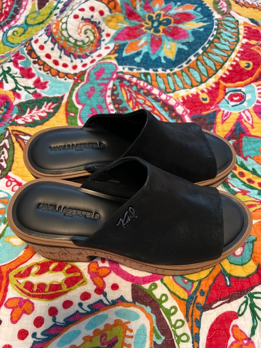 Karl Lagerfeld Black Leather Slide Mules with Tan Cork Platform